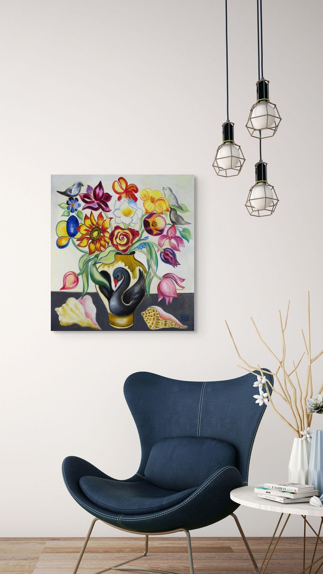 „Mixed Bouquet mit Muscheln“, skurriles Ölgemälde von Blumen, Vögeln und Meereslandschaften im Angebot 4