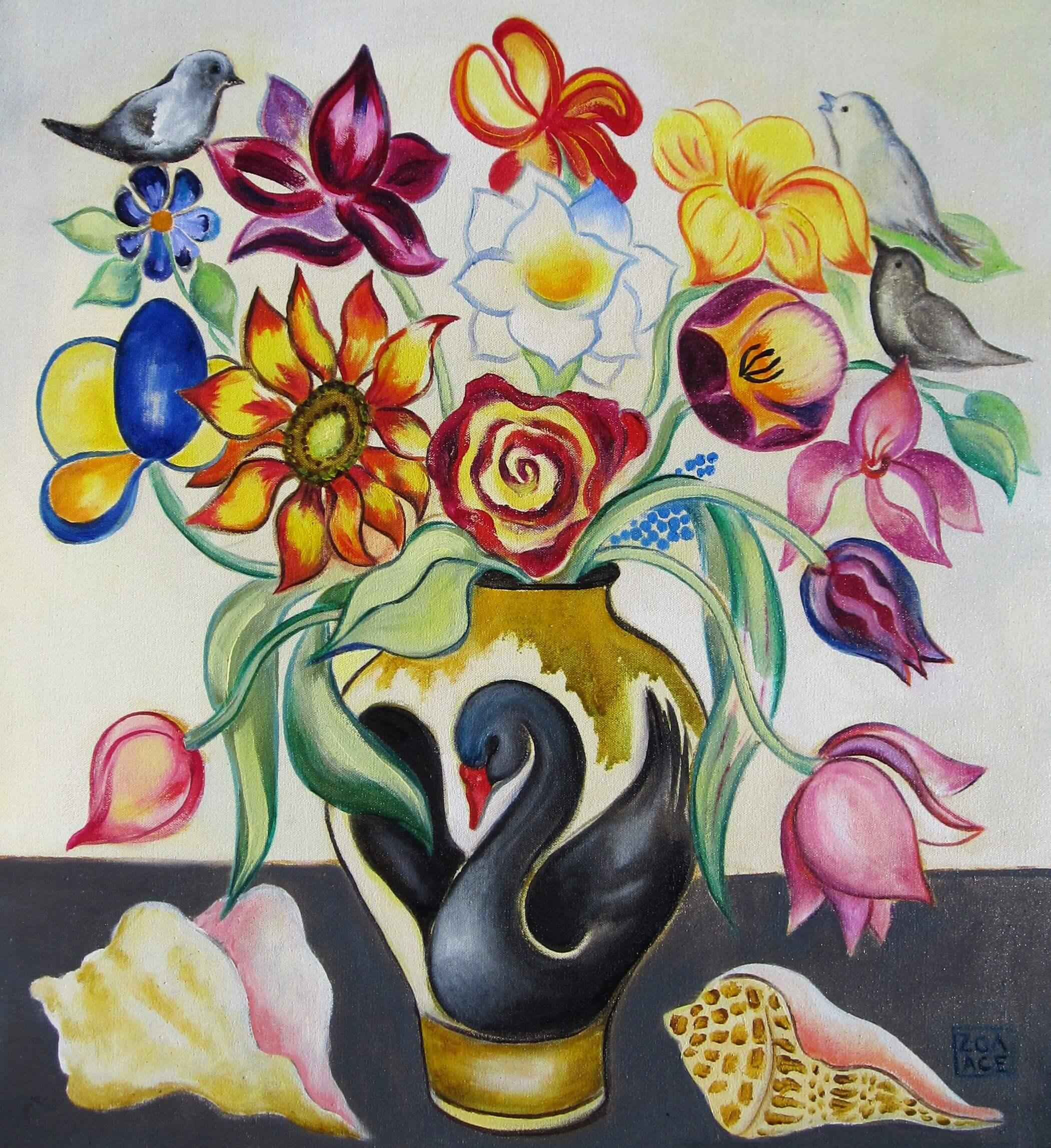 "Ramo mixto con conchas", pintura al óleo caprichosa de flores, pájaros y mares