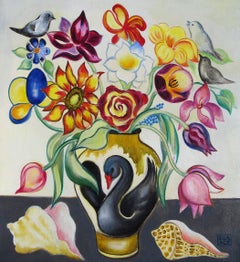 "Ramo mixto con conchas", pintura al óleo caprichosa de flores, pájaros y mares