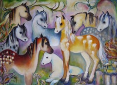"Mustangs" - Pintura al óleo surrealista con caballos salvajes y un paisaje de ensueño