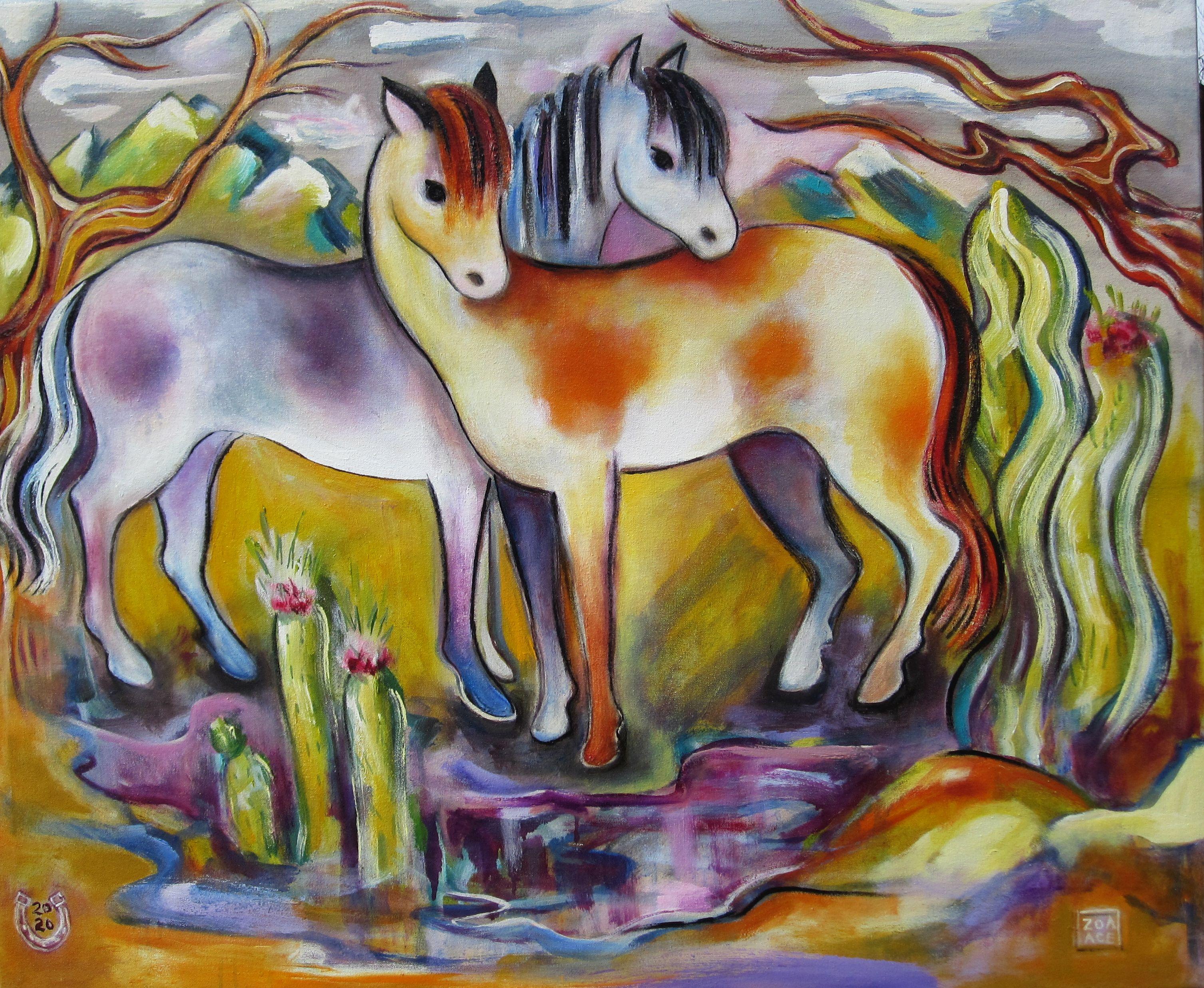 Zoa Ace Animal Painting - "Pinto Ponies, " Oil Painting