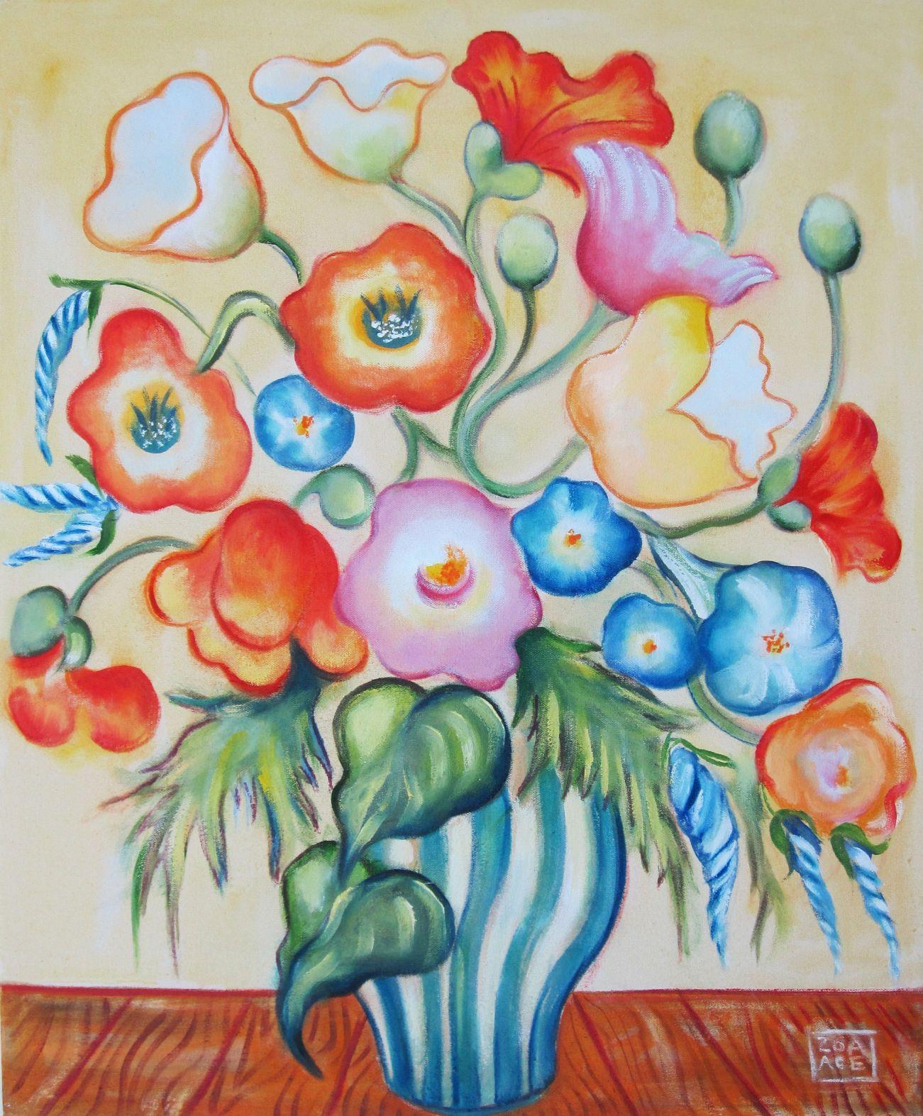 Zoa Ace Figurative Painting - "Poppies with Morning Glories" Oil Painting