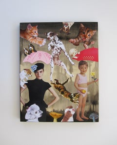 "Raining Cats and Dogs" - Zeitgenössische Mixed-Media-Collage auf Holz