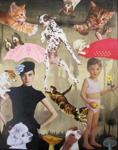 "Raining Cats and Dogs" - Zeitgenössische Mixed-Media-Collage auf Holz