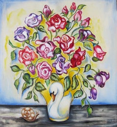 "Roses in a Swan Vase" Oil Painting