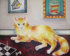 "Smarter Than You Think ", peinture à l'huile de Zoa Ace, chat jaune