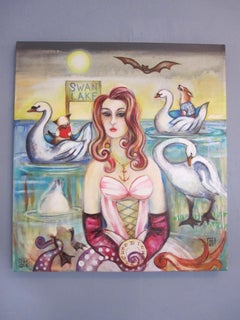 El lago de los cisnes, 2025 - Mujer contemporánea, cisnes, animales antropomorfos, lago, murciélago