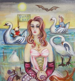 El lago de los cisnes, 2025 - Mujer contemporánea, cisnes, animales antropomorfos, lago, murciélago