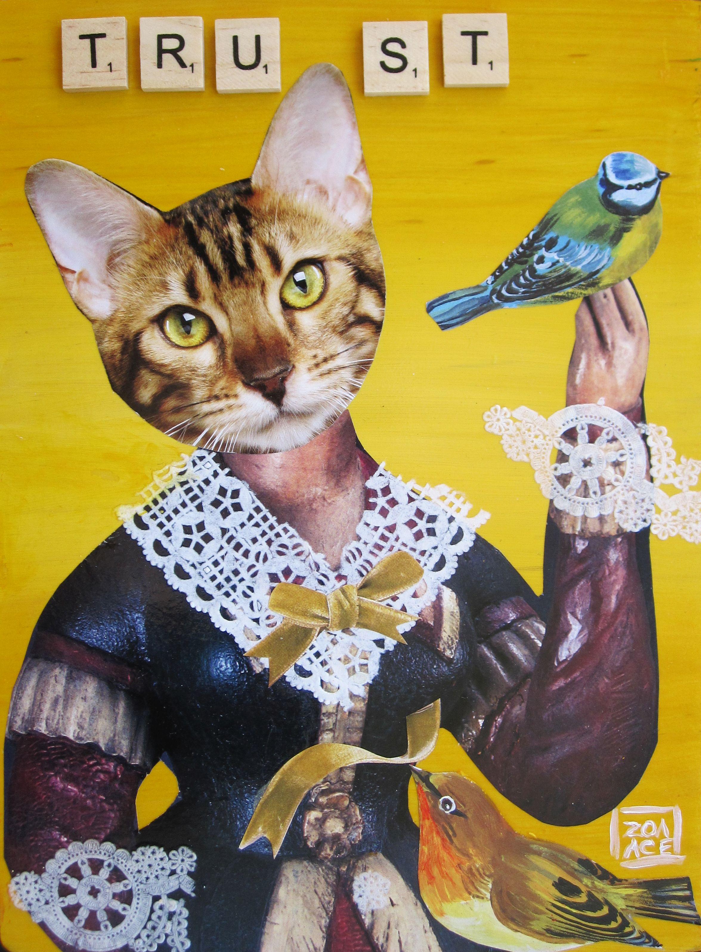 L'opera "Trust" di Zoa Ace (Stati Uniti) è un collage originale fatto a mano a tecnica mista che raffigura un gatto con un vestito e un collare di pizzo e diversi uccelli. Il pezzo è un collage su legno ed è pronto per essere appeso. 

Informazioni