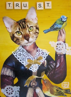 "Trust, " Collage sur bois de Zoa Ace, Chat en robe avec des oiseaux.