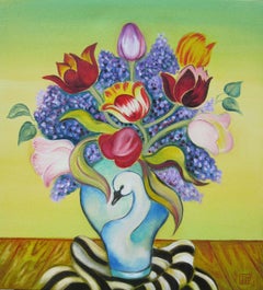 "Tulipani e lillà", estroso dipinto a olio di fiori in un vaso a forma di cigno