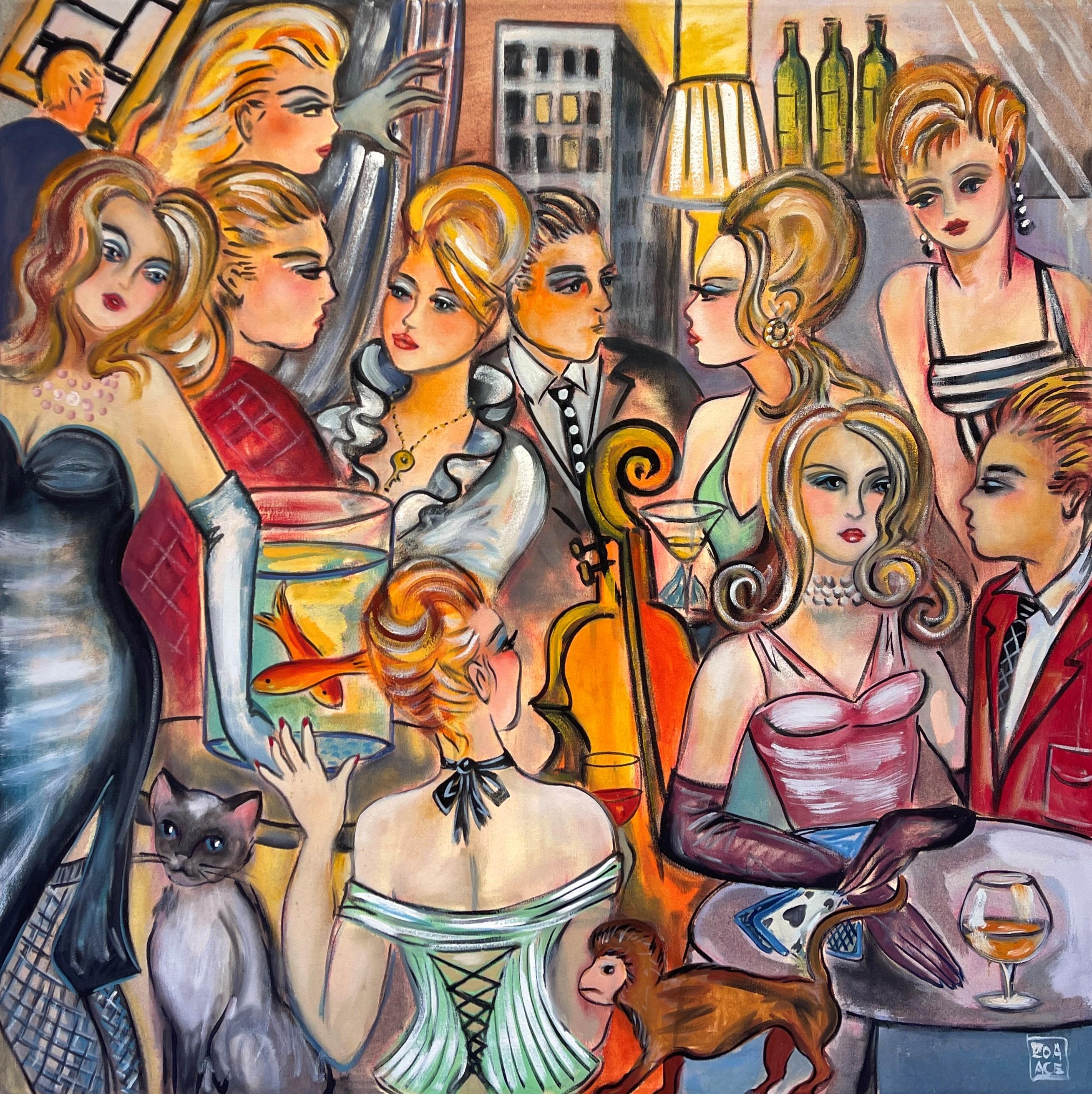 Fiesta urbana", de Zoa Ace (EE.UU.), es una pintura al óleo sobre lienzo, original y hecha a mano, creada en 2006. Esta pieza representa a un grupo de personas bailando y conversando en una fiesta.

Sobre el artista:
"Mi obra es figurativa y trata