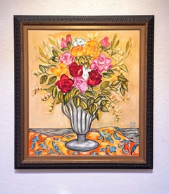 "Vase of Roses" - Contemporary Floral and Interior Still-Life, Oil Painting