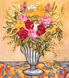 "Vase of Roses" - Contemporary Floral and Interior Still-Life, Oil Painting