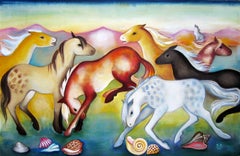 « Chevaux sauvages », peinture à l'huile de Zoa Ace  Chevaux et coquillages
