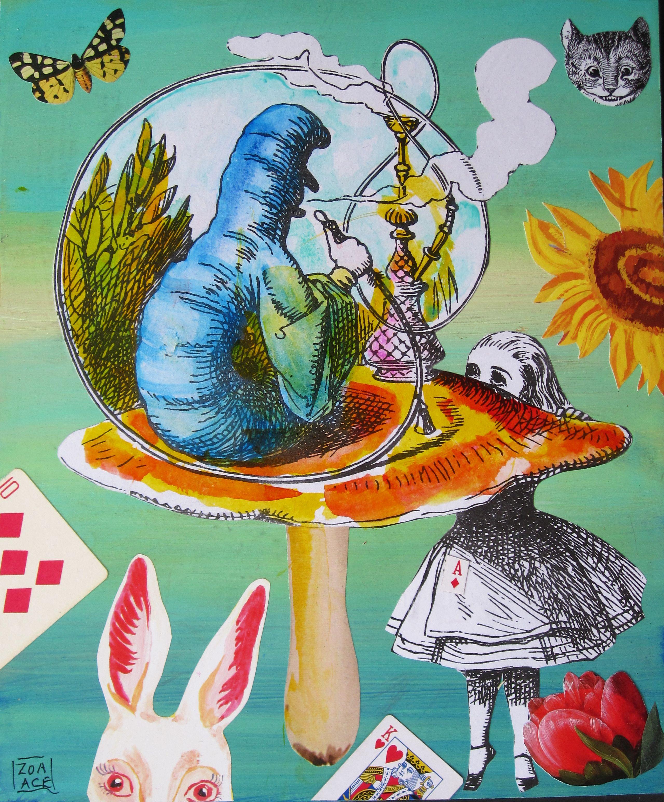 "Il paese delle meraviglie" (2024) di Zoa Ace, collage originale a tecnica mista su Wood