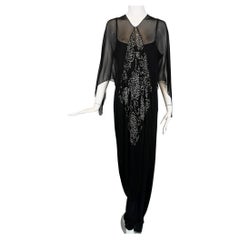 ZOA Paris 1980s Black Jersey Open Leg Harem Jumpsuit & Sparkly Chiffon Cape 42