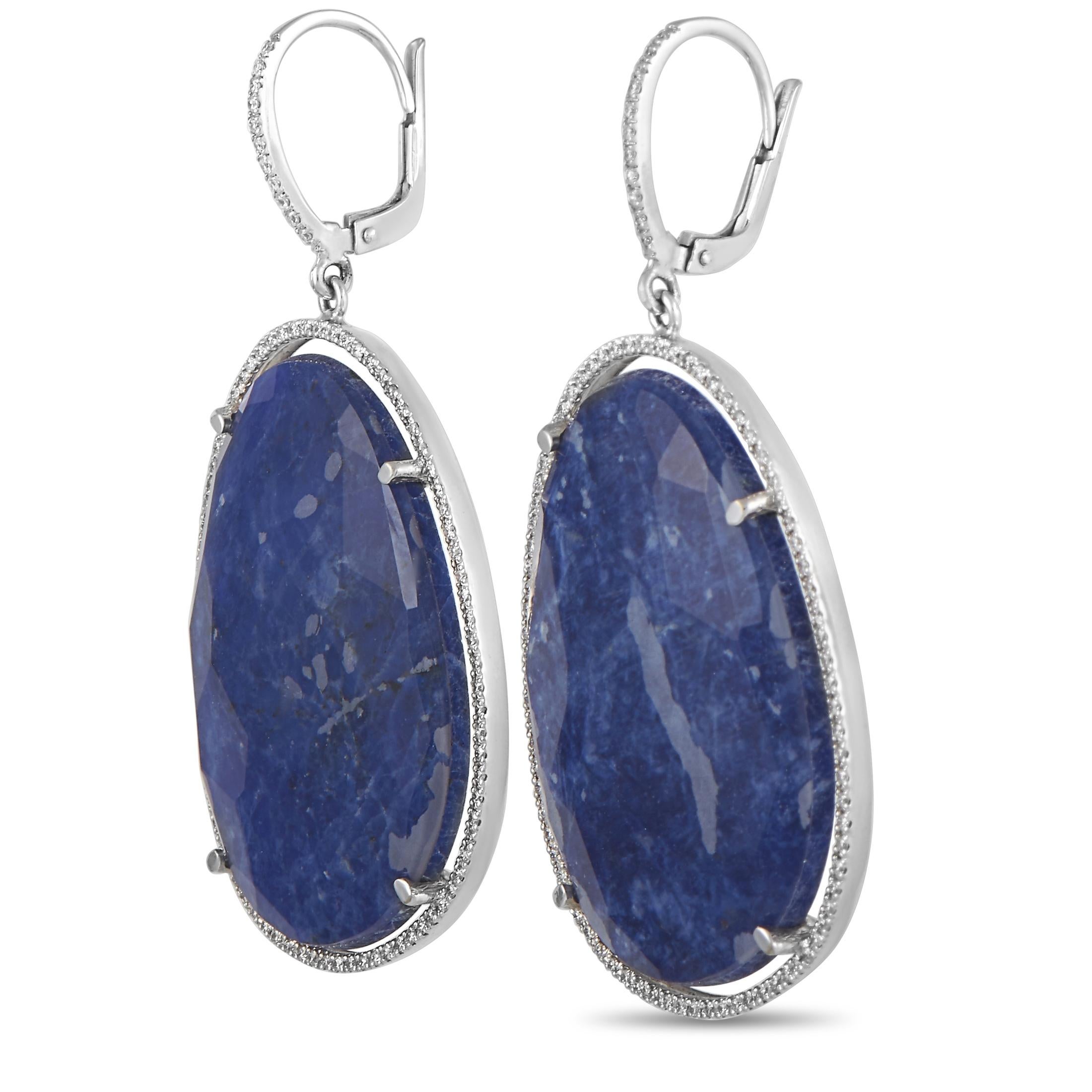 These Zoccai earrings are made of 18K white gold and embellished with lapis lazuli stones and a total of 0.95 carats of diamonds. The earrings measure 2.10” in length and 1.10” in width and each of the two weighs 8.9 grams.
 
 The pair is offered