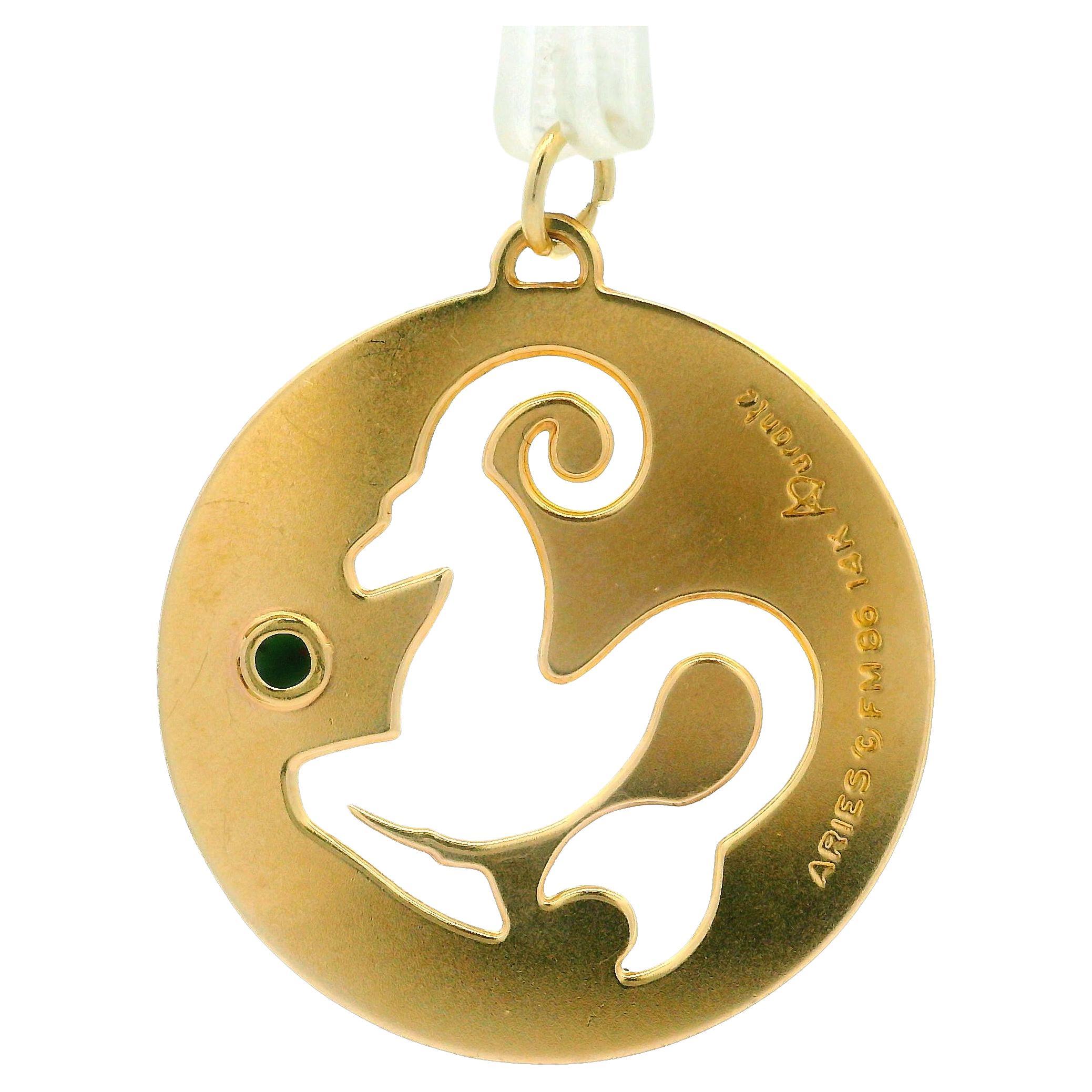 Zodiac 14k Yellow Gold Bloodstone Cabchon Aries Medallion Cut Out Charm Pendant For Sale
