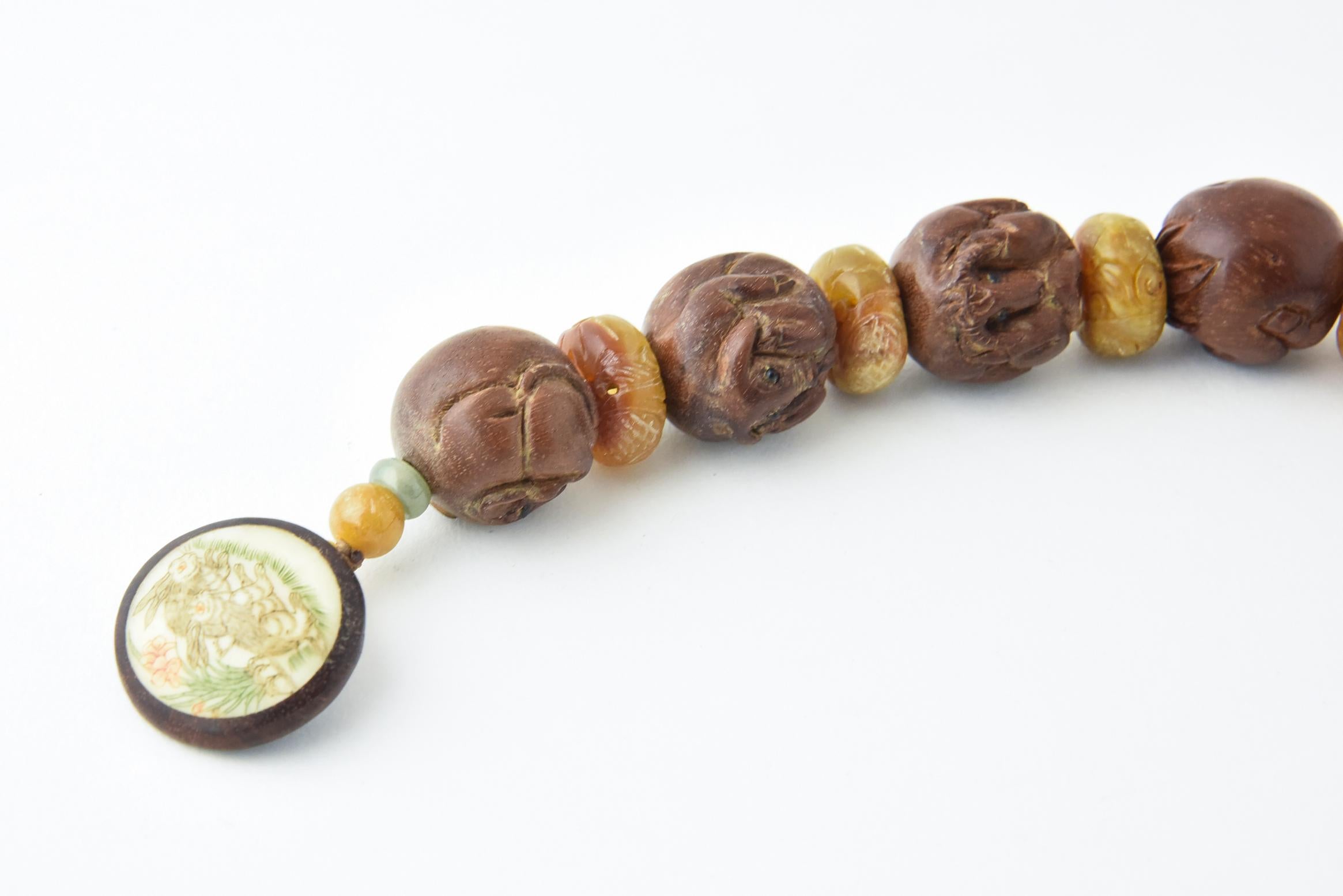 Zodiac Animal Hand Carved Signed Ojime Beads Necklace In Good Condition In Miami Beach, FL