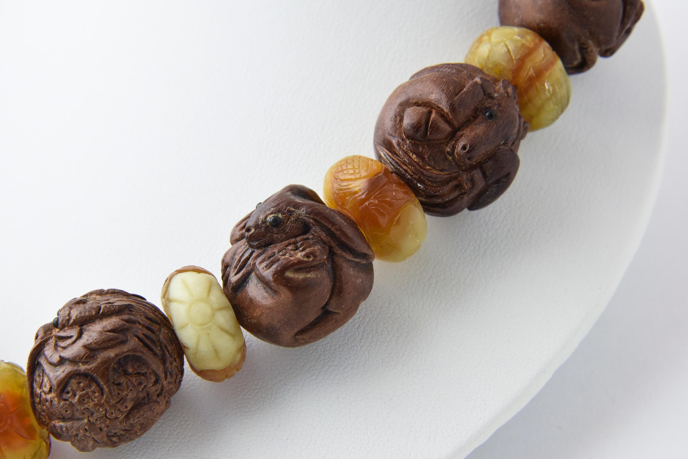 Zodiac Animal Hand Carved Signed Ojime Beads Necklace For Sale 2