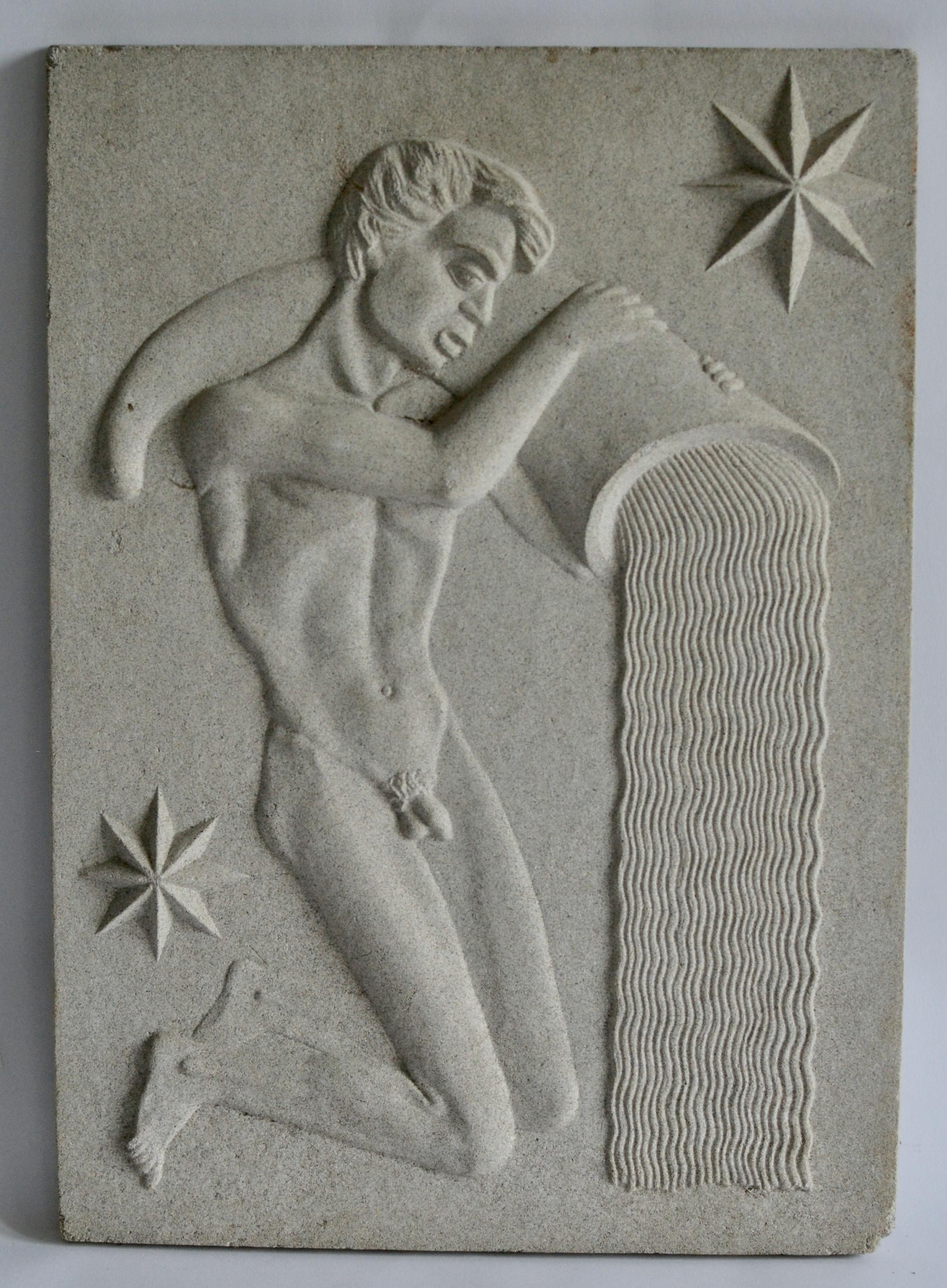 A cast zodiac artificial stone relief of Aquarius c. 1940-1950 by Manne Östlund (1904-1957) 

There is a set of 8 different Zodiac signs and we are selling them separately or all together.