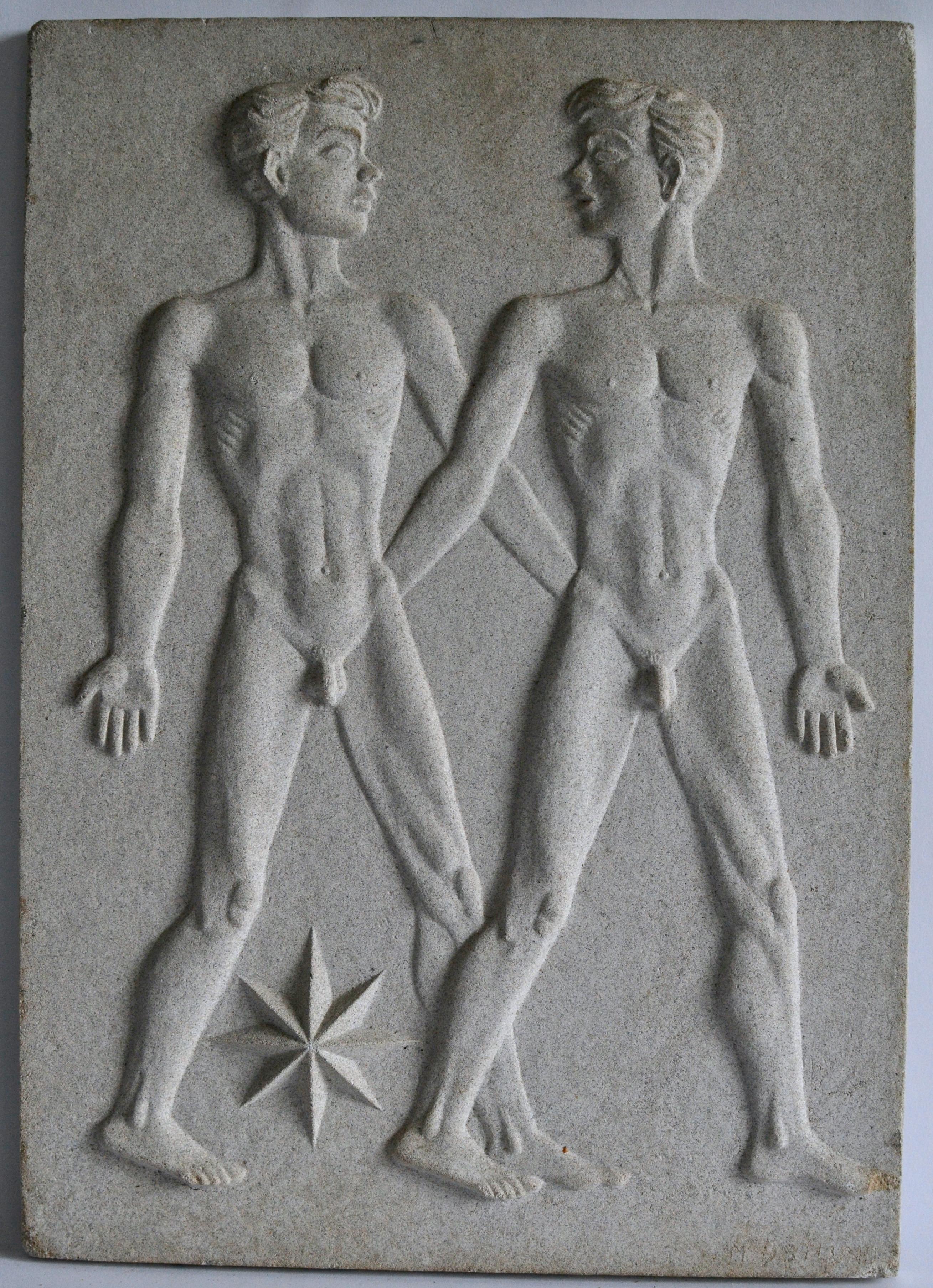 A cast zodiac artificial stone relief of Gemini c. 1940-1950 by Manne Östlund (1904-1957) 

 