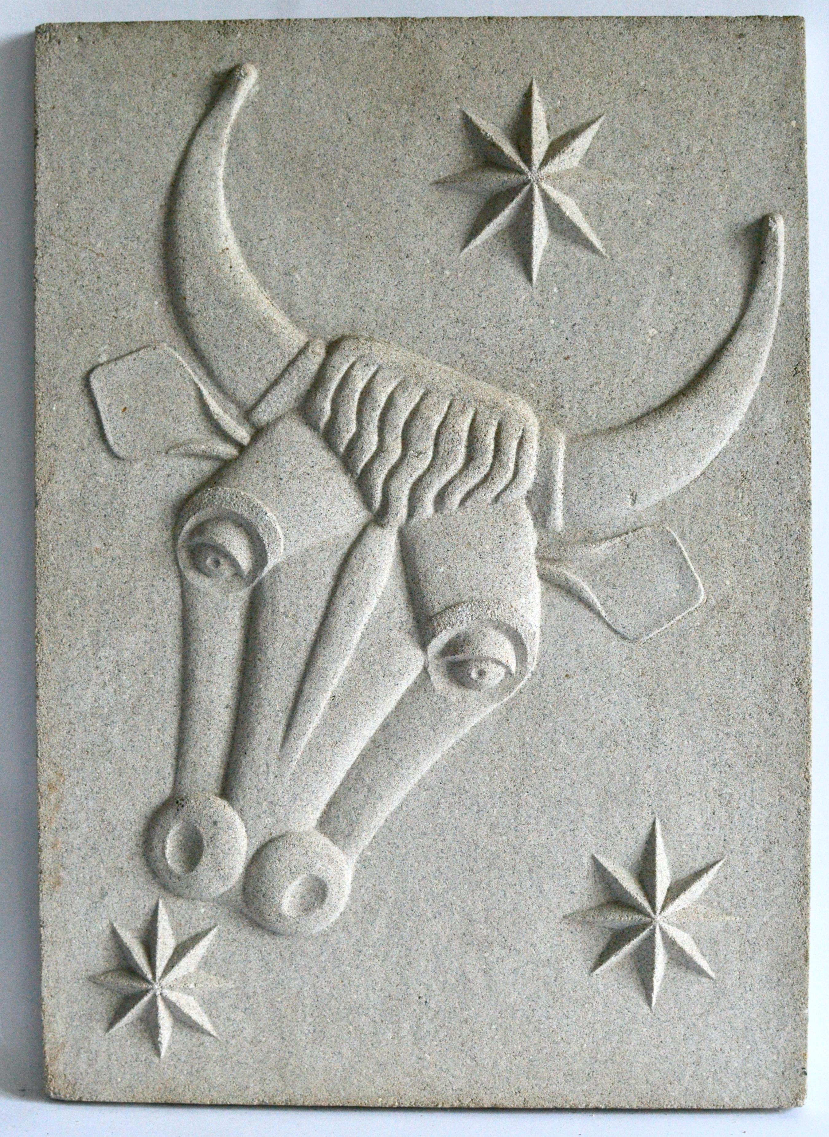 A cast zodiac artificial stone relief of Taurus c. 1940-1950 by Manne Östlund (1904-1957) .

 