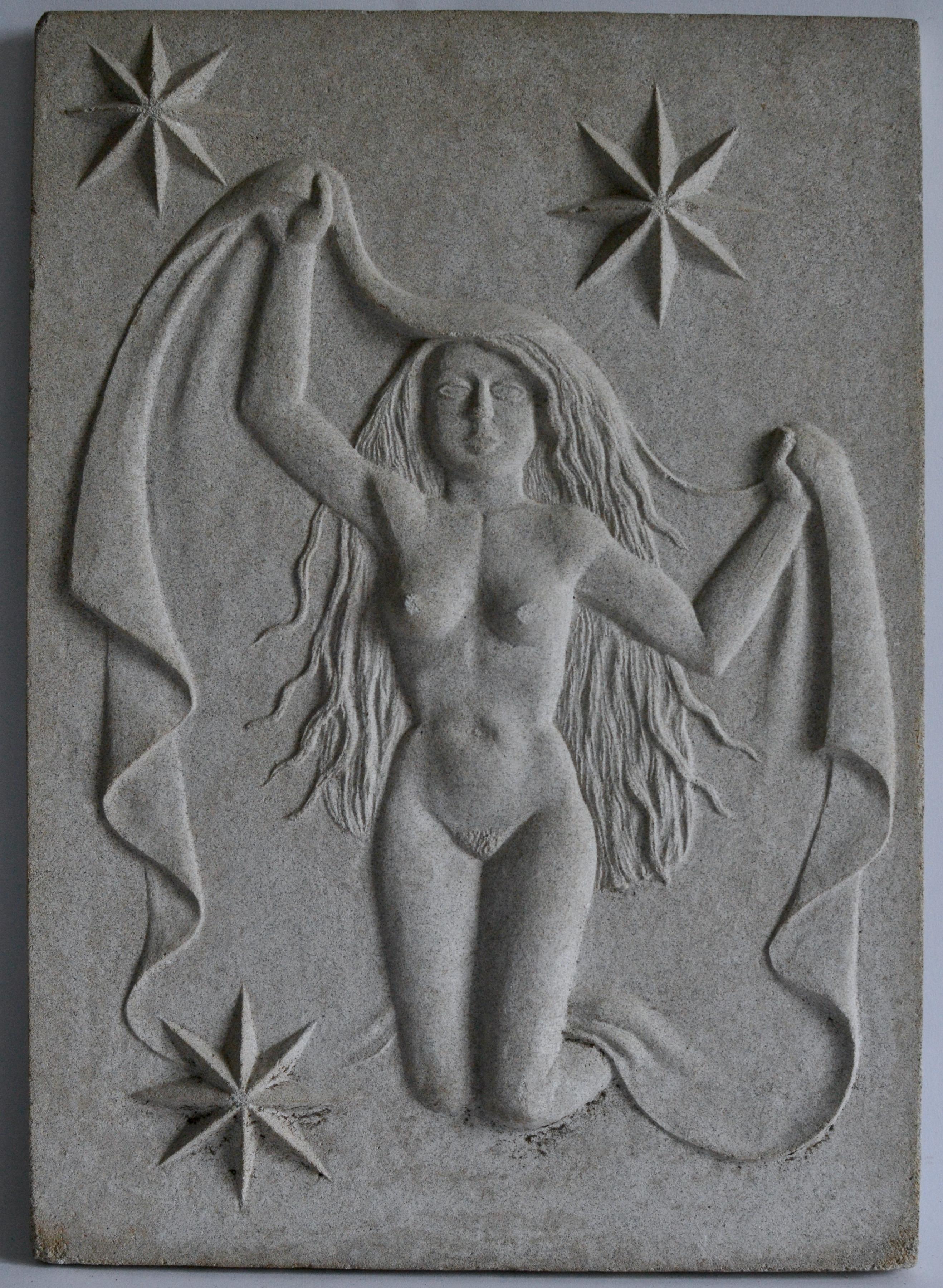A cast zodiac artificial stone relief of Virgo c. 1940-1950 by Manne Östlund (1904-1957) .

 