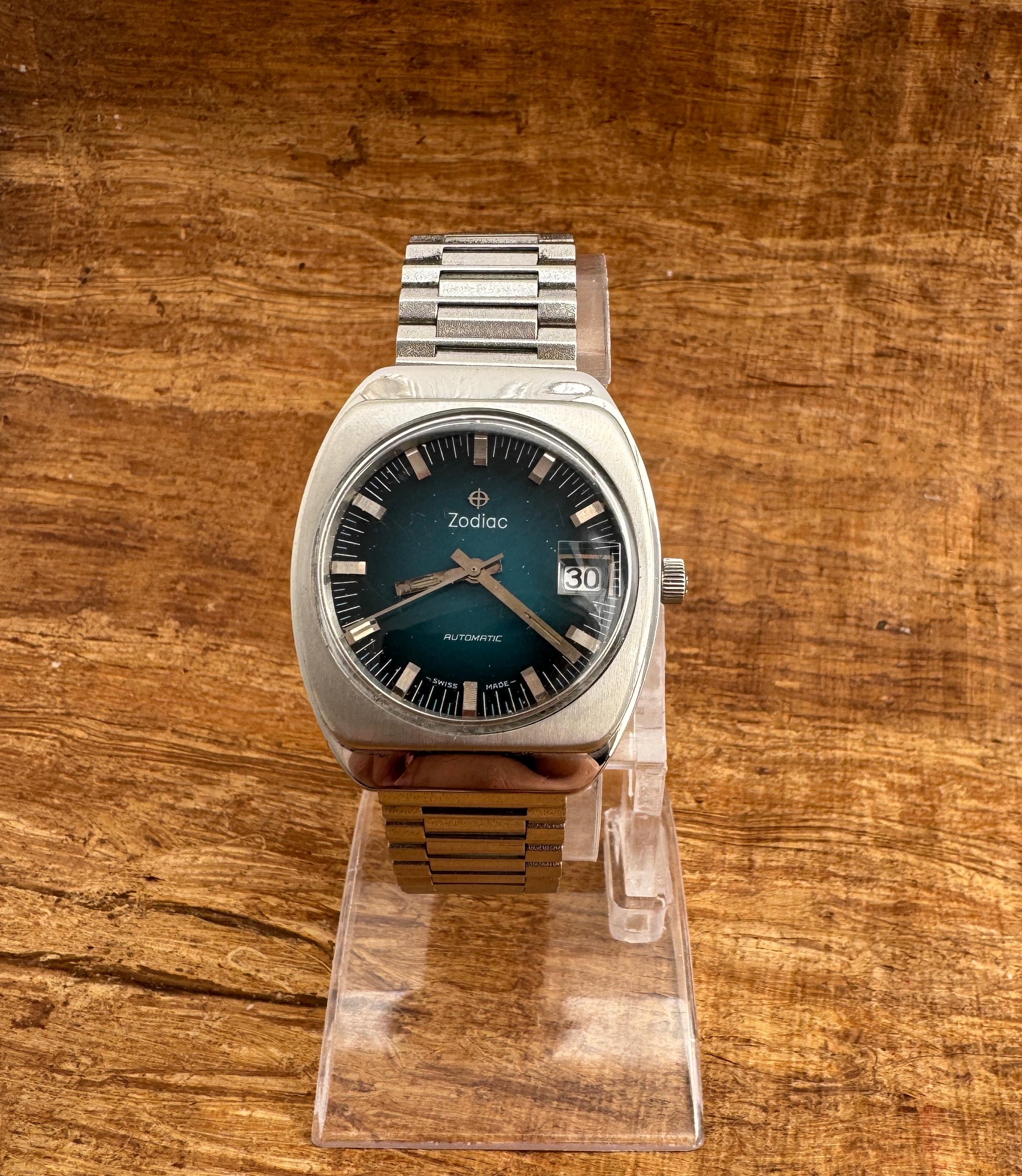Zodiac Automatik Herrenuhr mit blauem Zifferblatt und Datum 722-913 Vintage By im Angebot 13