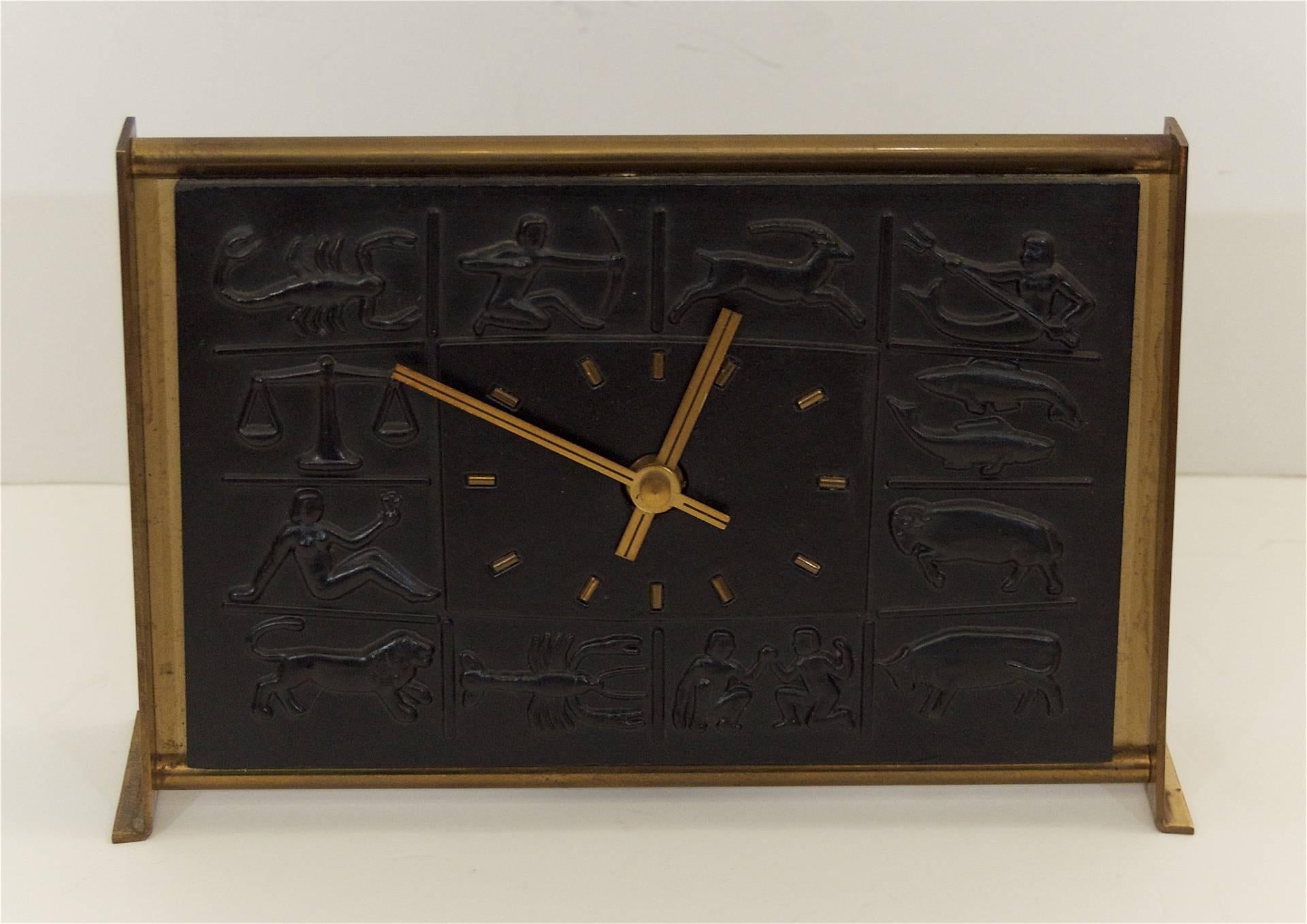 Late 20th Century Zodiac Bas-Relief Brass Desk Clock by Schatz