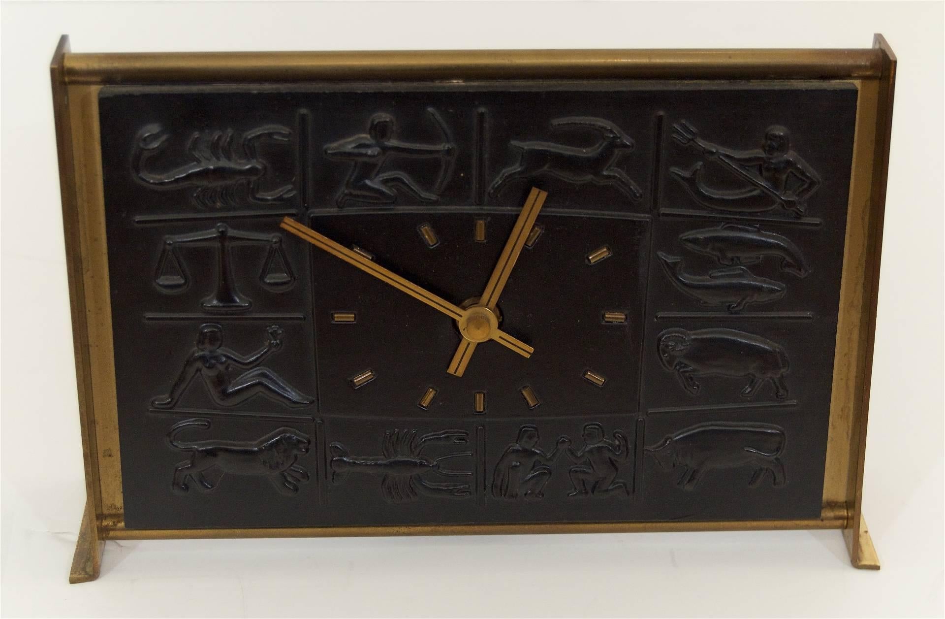 Ceramic Zodiac Bas-Relief Brass Desk Clock by Schatz