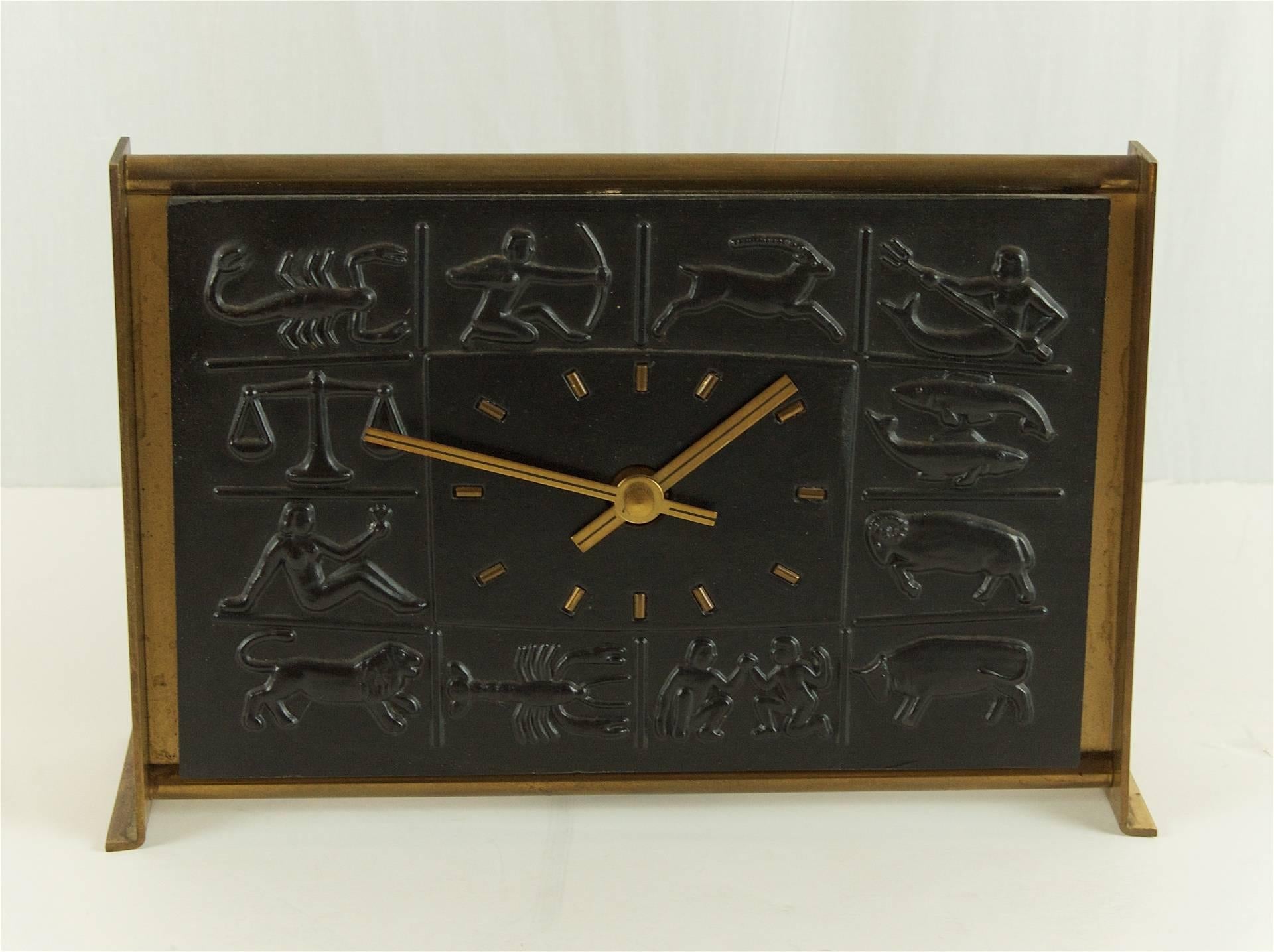 Mid-Century Modern Zodiac Bas-Relief Brass Desk Clock by Schatz