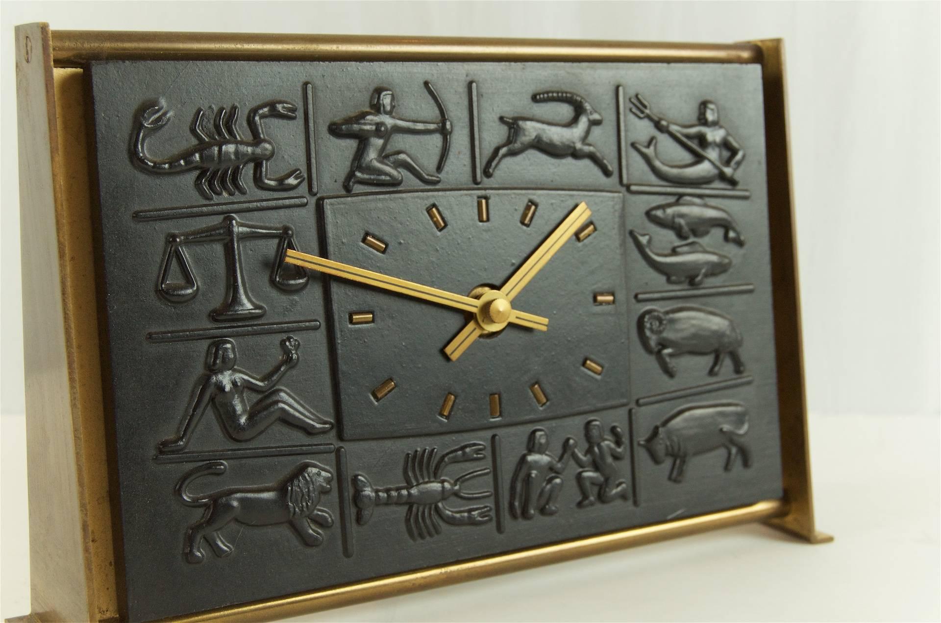 German Zodiac Bas-Relief Brass Desk Clock by Schatz