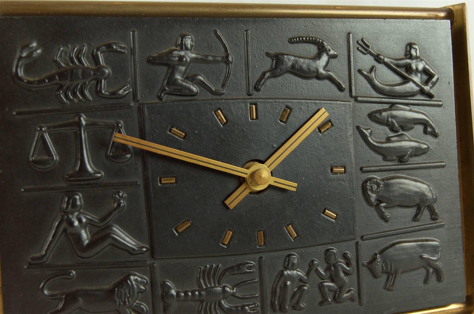 Zodiac Bas-Relief Brass Desk Clock by Schatz In Good Condition In Stamford, CT
