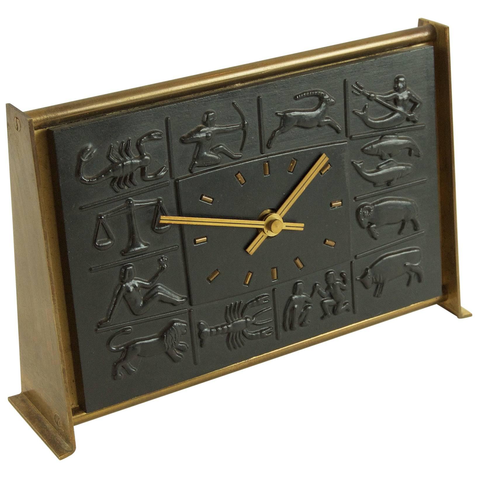 Zodiac Bas-Relief Brass Desk Clock by Schatz