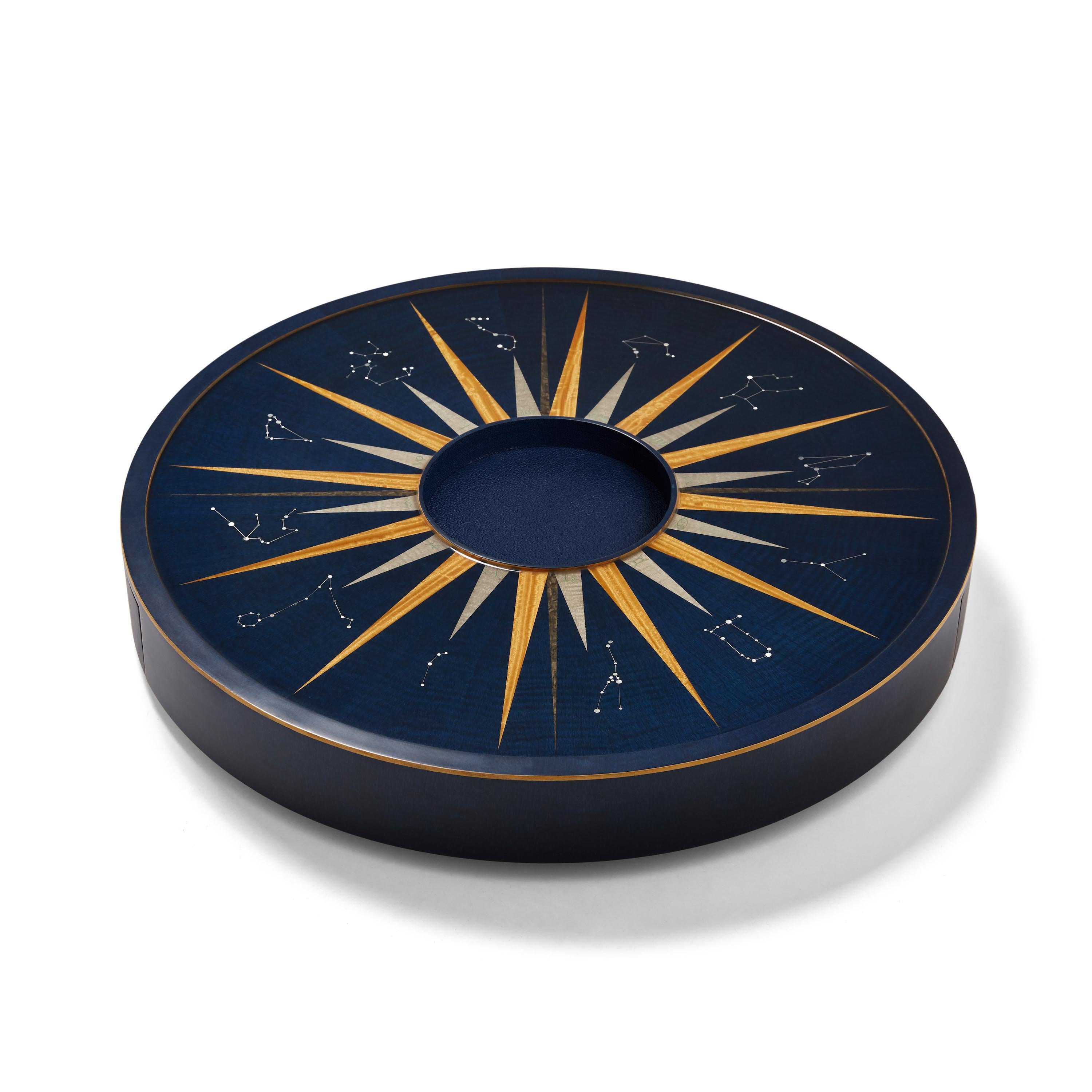 An extraordinary Alexandra Llewellyn design in wood marquetry that offers an exciting new way to play this timeless game, our circular Zodiac board reimagines the traditional backgammon layout, which has been rectangular for more than 5,000