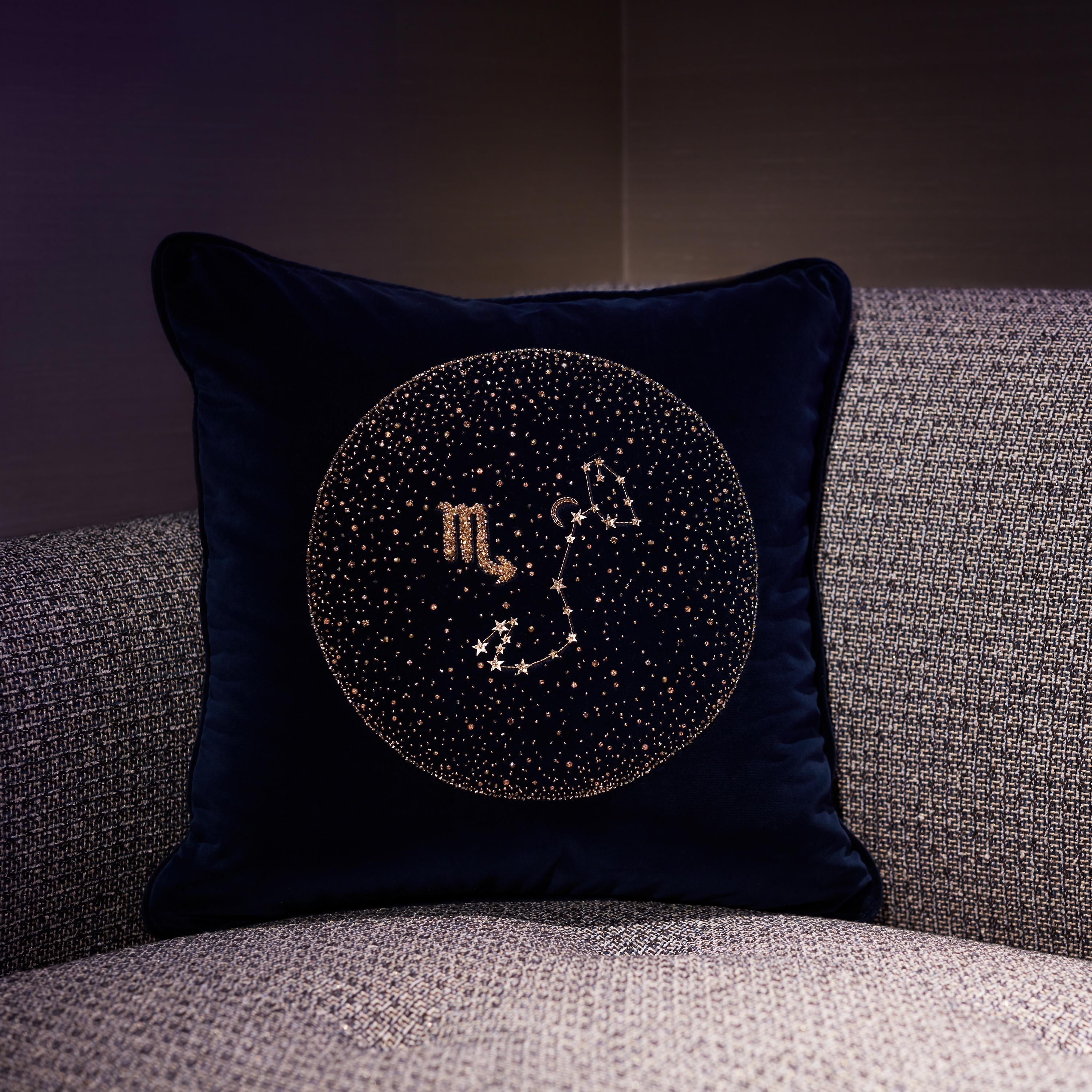 British Zodiac, Crystal Embroidered Cushion in Navy Blue Velvet For Sale