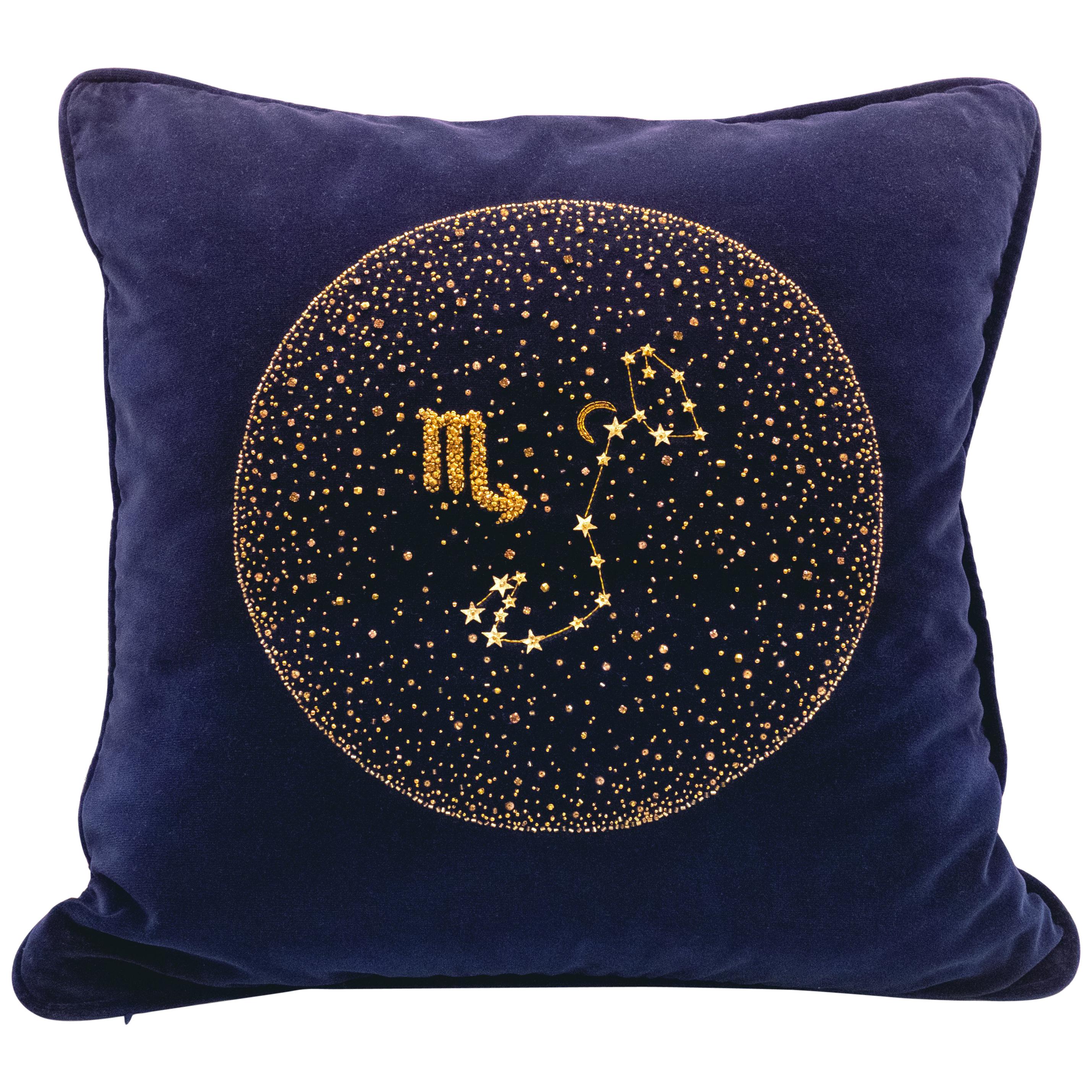 Zodiac, Crystal Embroidered Cushion in Navy Blue Velvet For Sale