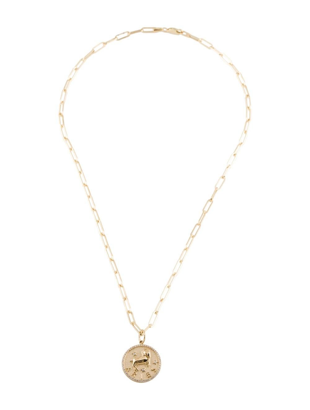 Express your mystical soul by wearing your Zodiac sign! These beautiful Zodiac Necklaces are crafted of 14K Yellow Gold and features approximately 0.21 carats (depends on zodiac) of natural round white Diamonds and hangs on an 14K Yellow Gold 18