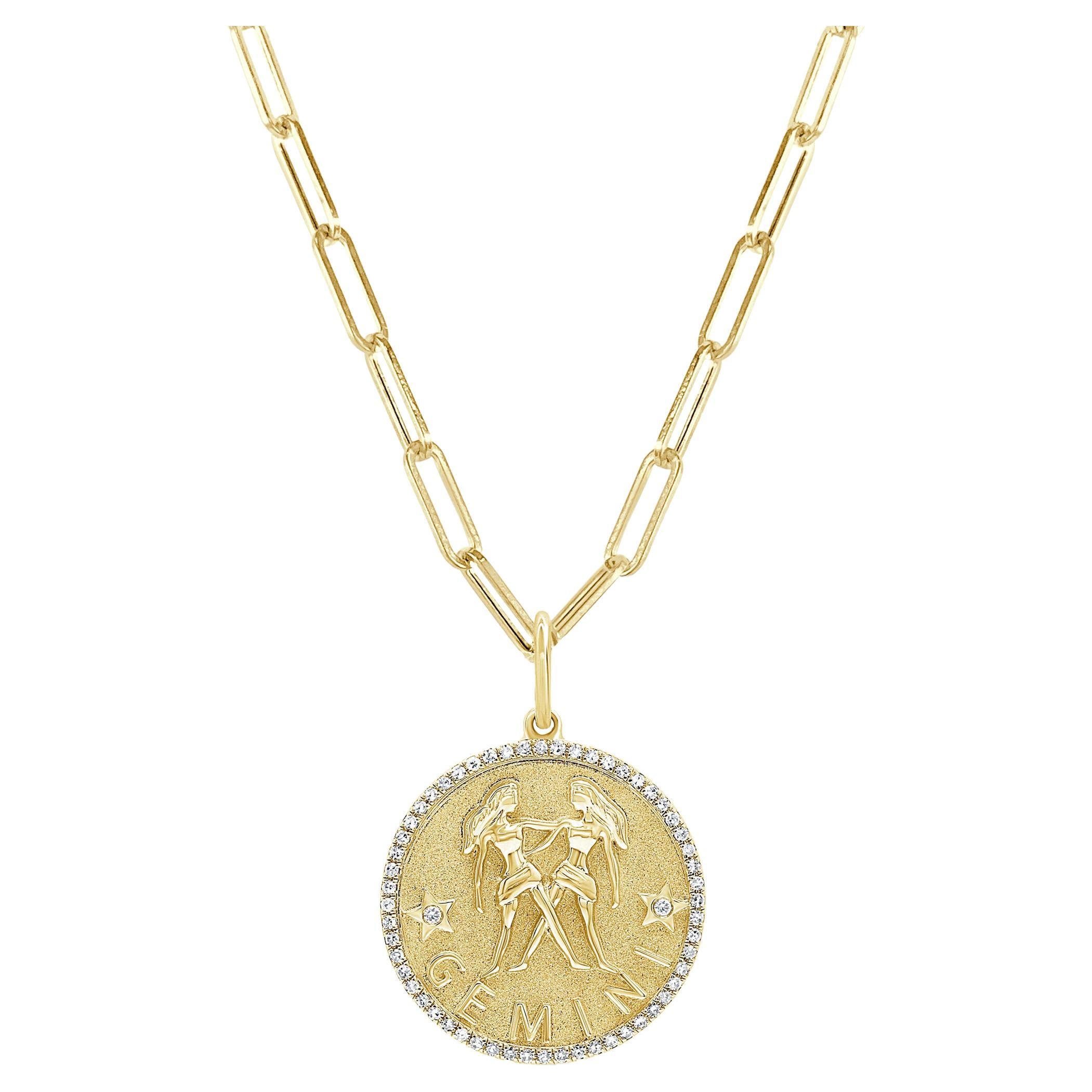 Zodiac Diamond Necklace 14K Yellow Gold 1/5 CT TDW Gifts for Her, Gemini For Sale