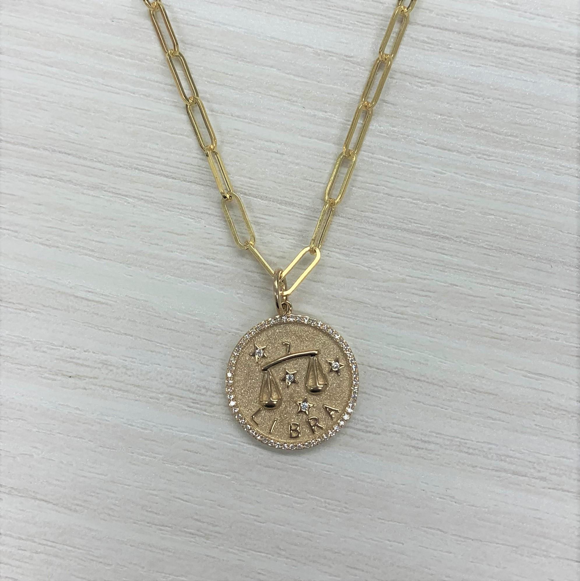 Zodiac Diamond Necklace 14K Yellow Gold 1/5 CT TDW Gifts for Her, Libra In New Condition For Sale In Great neck, NY
