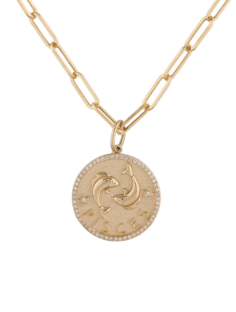 Round Cut Zodiac Diamond Necklace 14K Yellow Gold 1/5 CT TDW Gifts for Her, Pisces For Sale