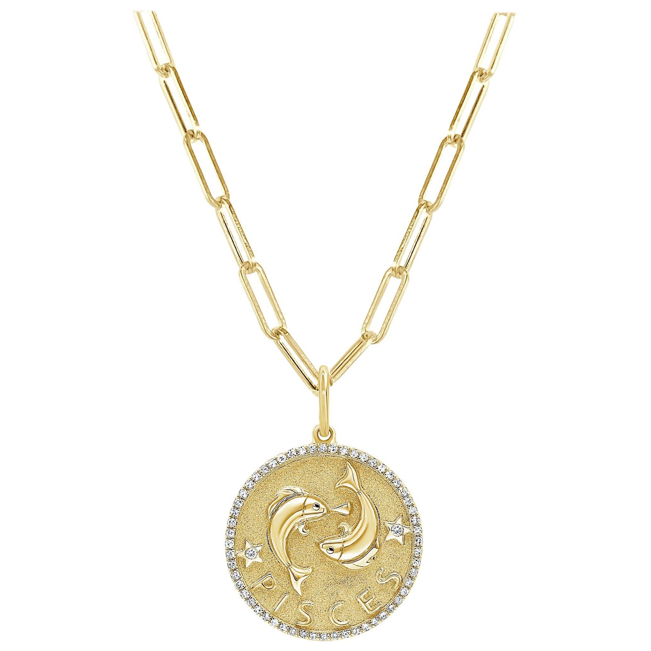 Collier de diamants du zodiaque en or jaune 14 carats 1/5 carat TDW, cadeau pour ses poissons