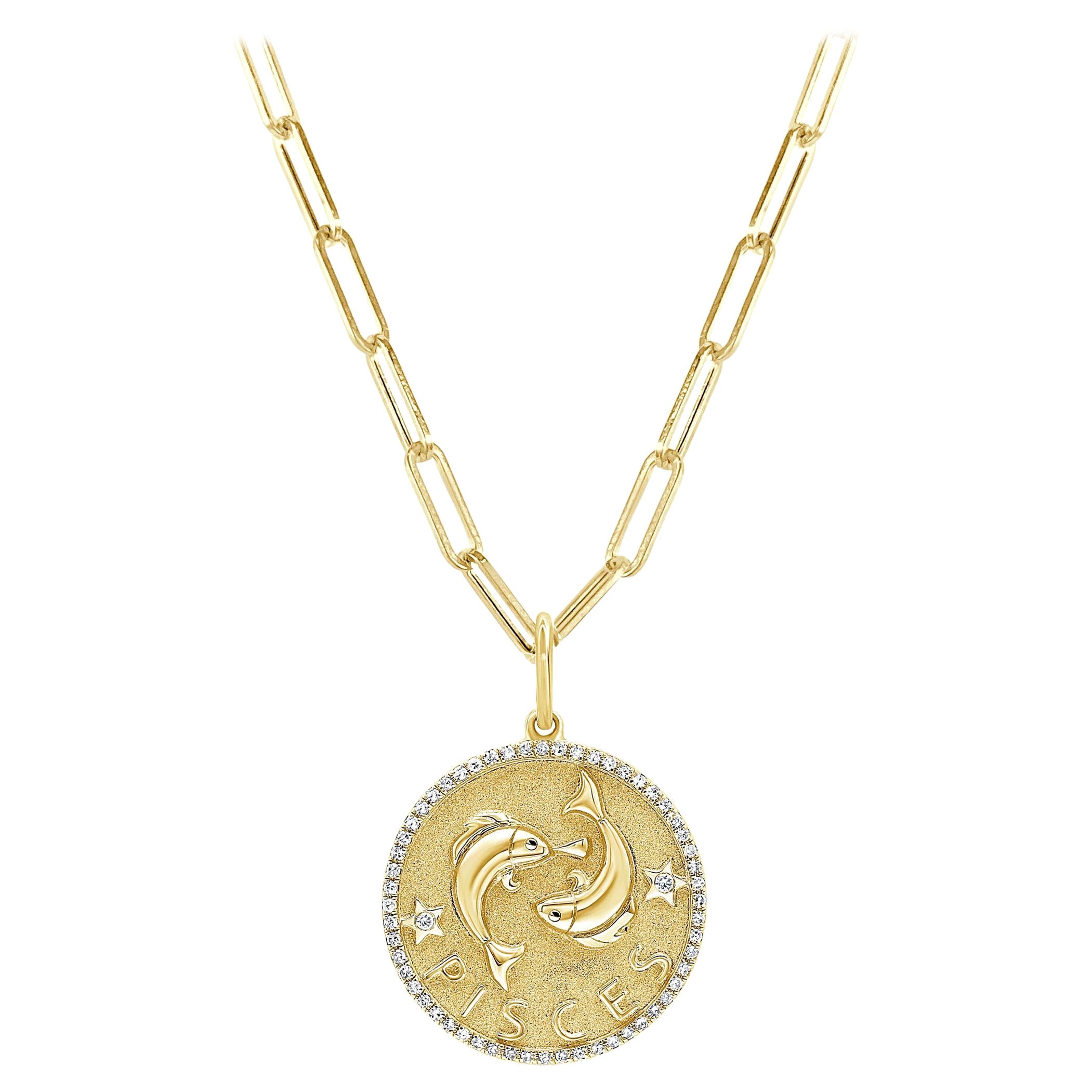 Collier de diamants du zodiaque en or jaune 14 carats 1/5 carat TDW, cadeau pour ses poissons