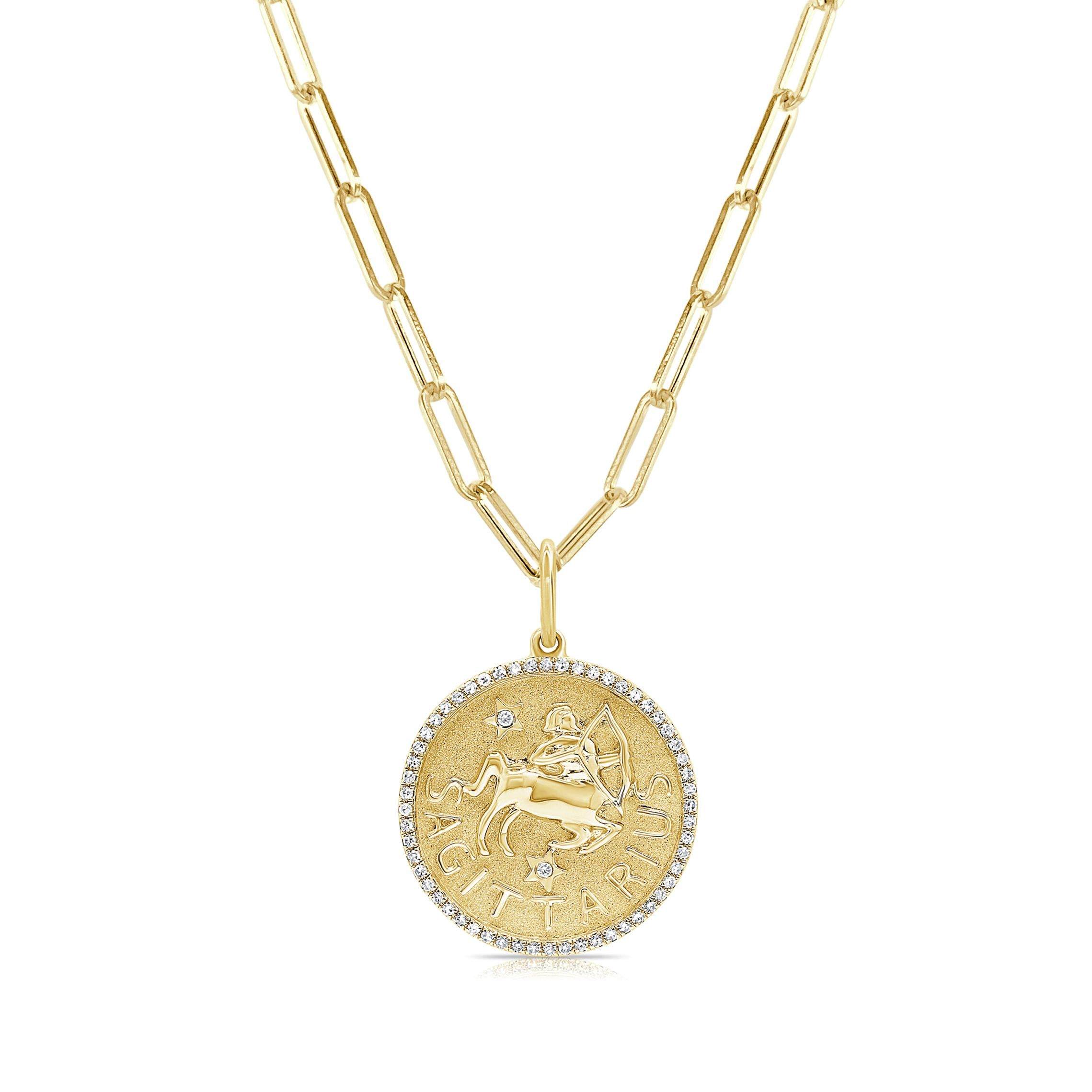 Express your mystical soul by wearing your Zodiac sign! These beautiful Zodiac Necklaces are crafted of 14K Yellow Gold and features approximately 0.21 carats (depends on zodiac) of natural round white Diamonds and hangs on an 14K Yellow Gold 18