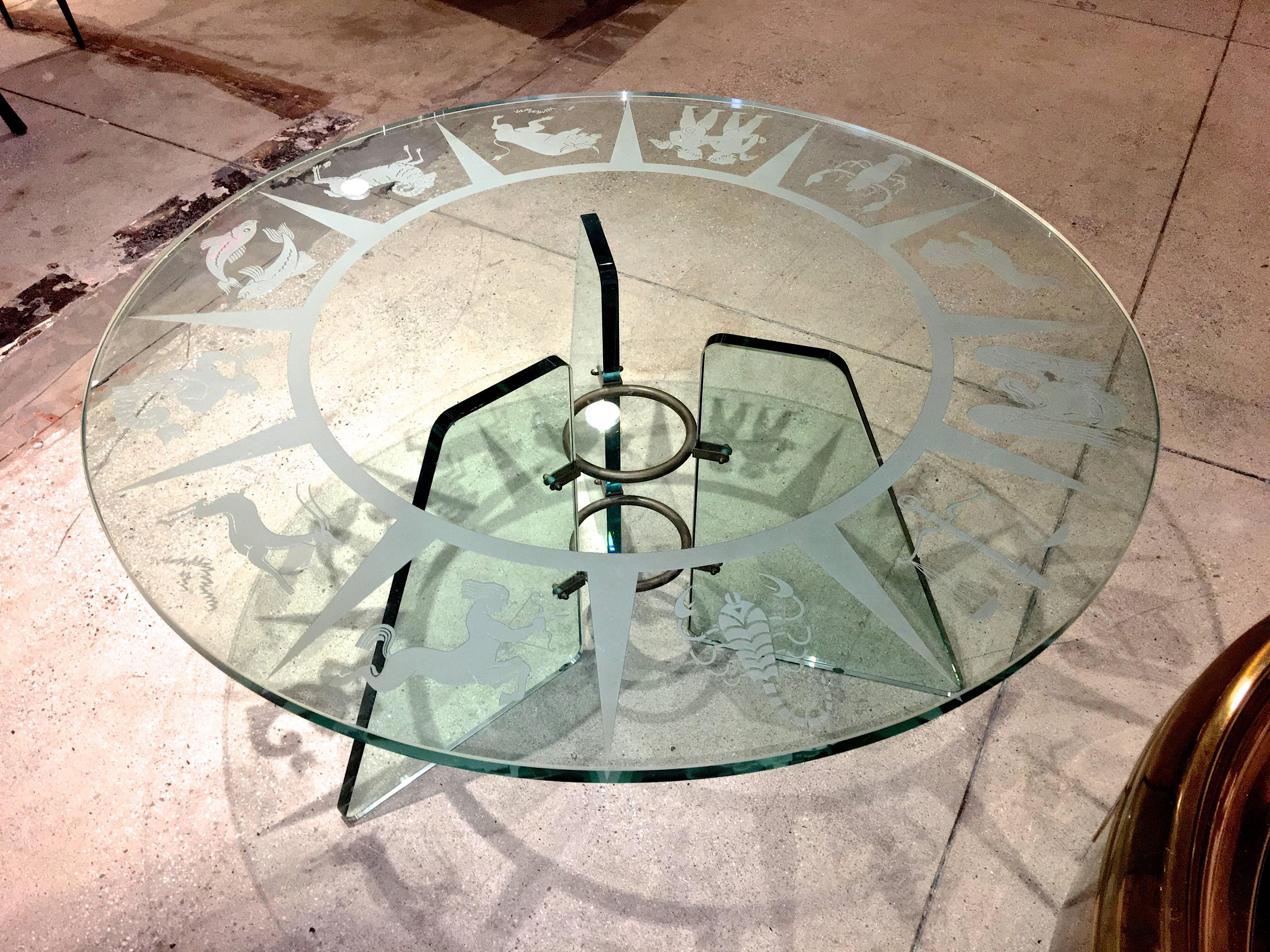 Zodiac Etched Art Deco Glass Cocktail Table Attributed to Pietro Chiesa In Excellent Condition In Hanover, MA