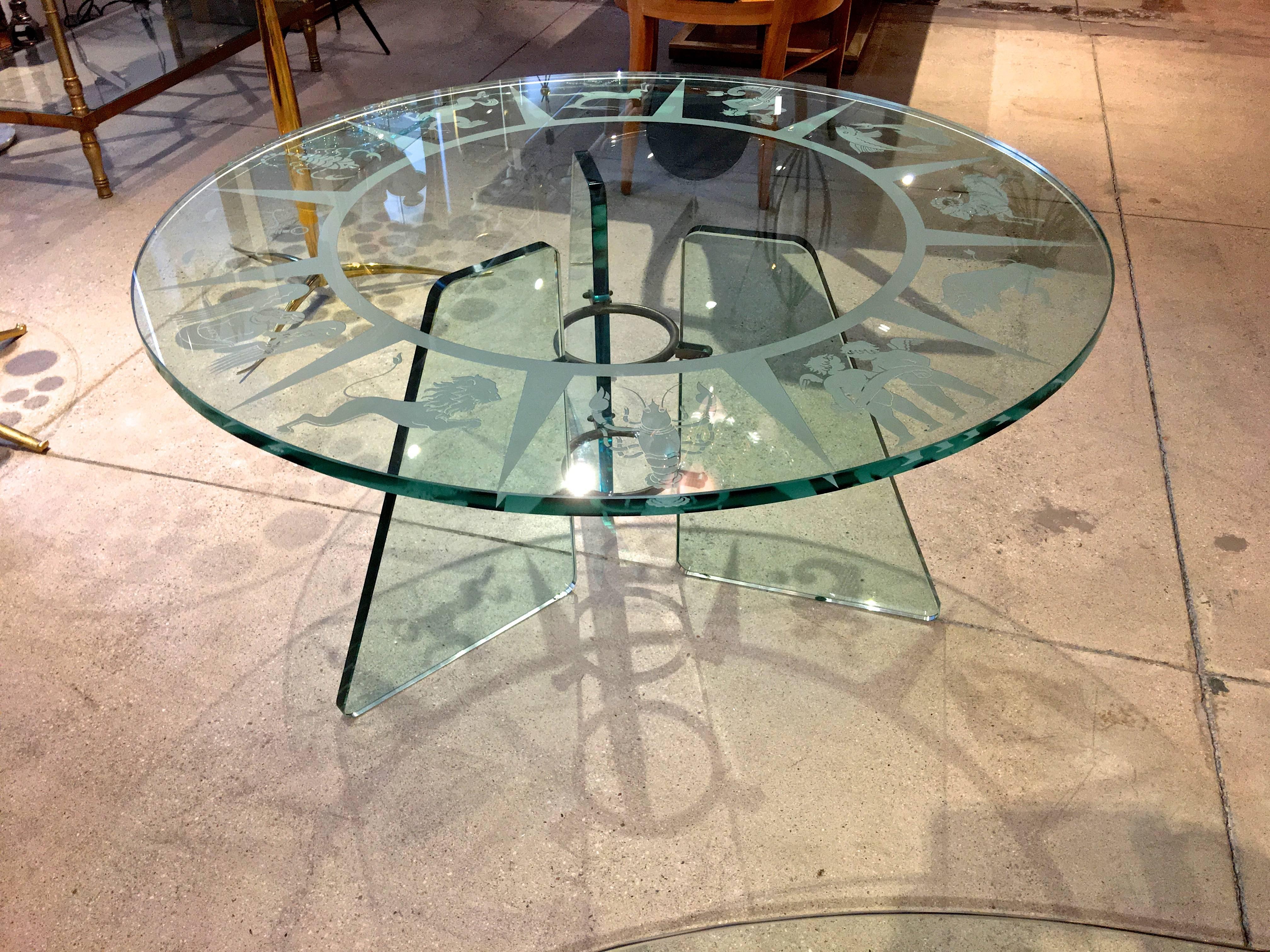 Brass Zodiac Etched Art Deco Glass Cocktail Table Attributed to Pietro Chiesa