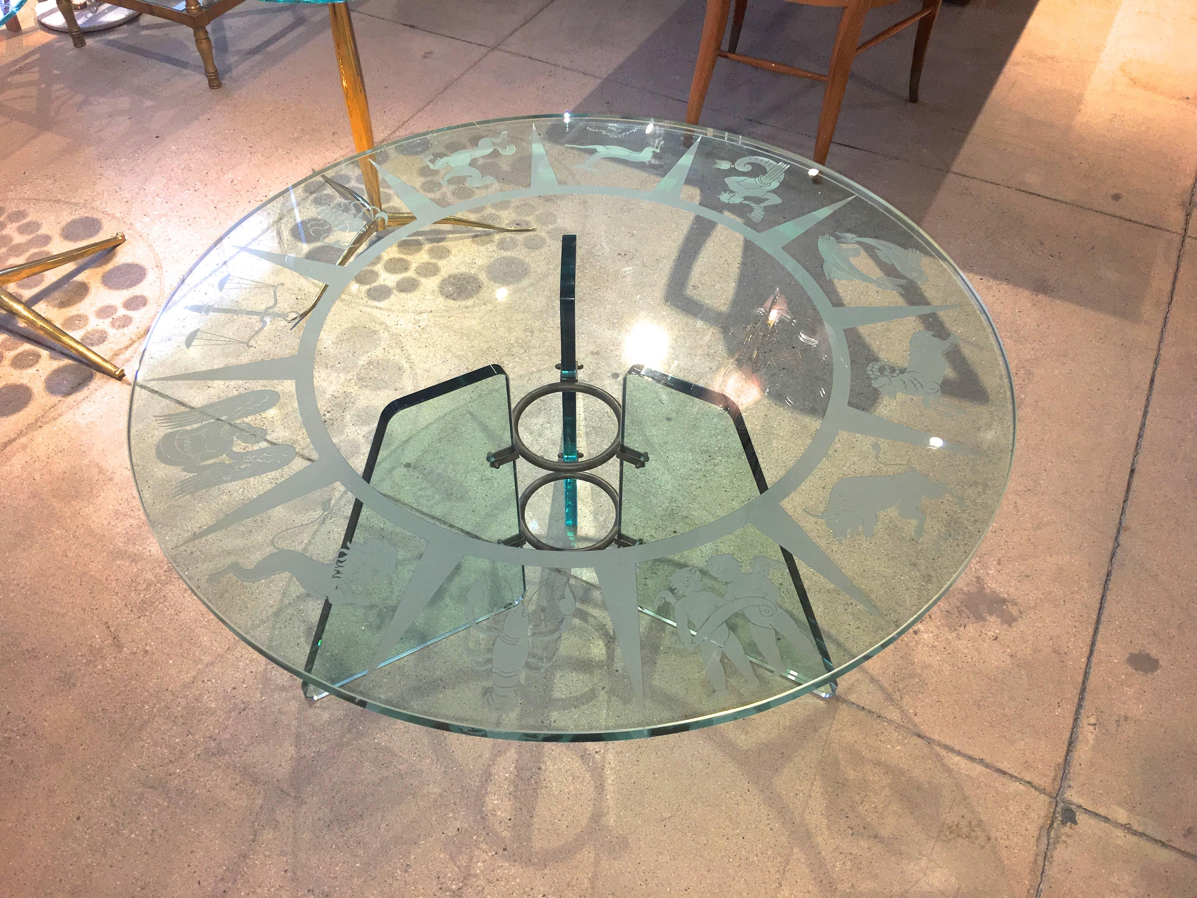 Zodiac Etched Art Deco Glass Cocktail Table Attributed to Pietro Chiesa 1