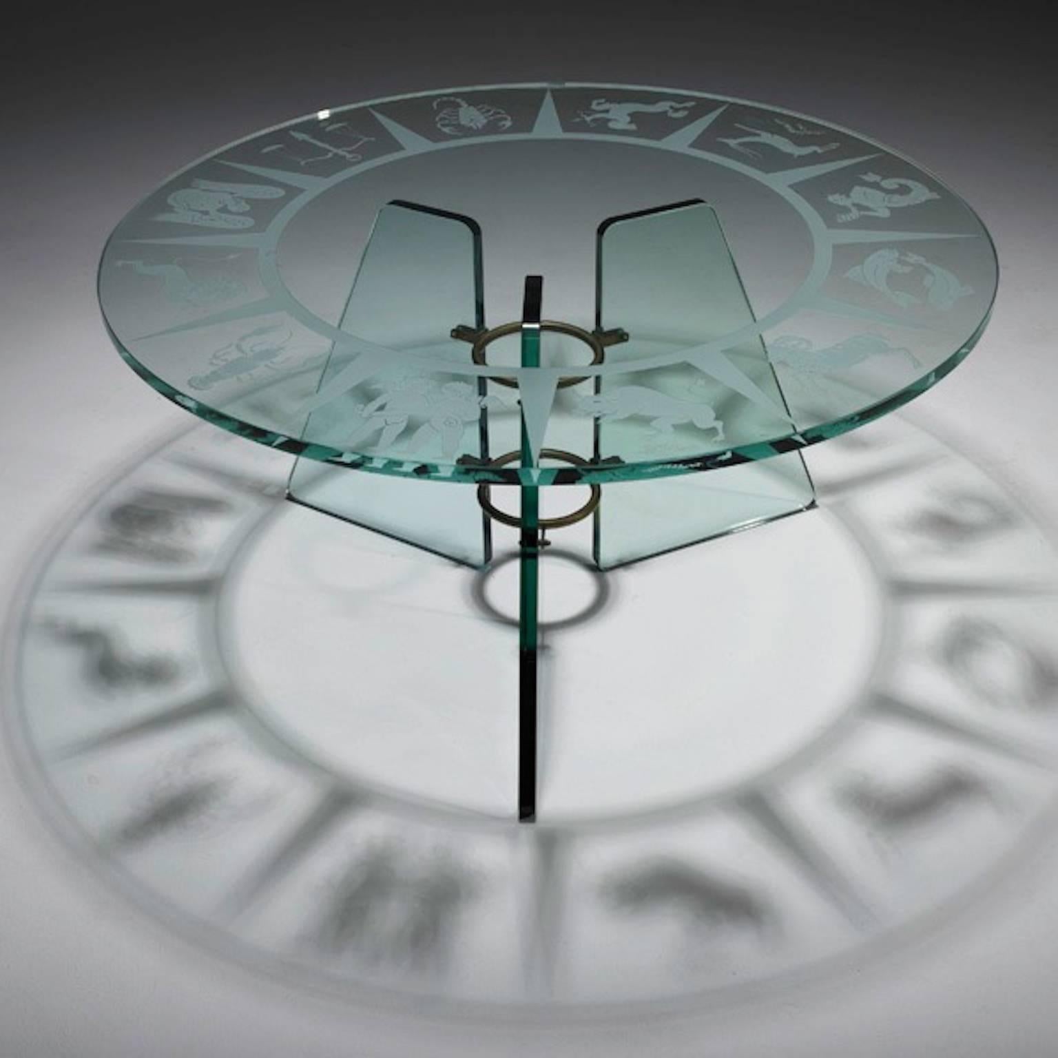 Mid-20th Century Zodiac Etched Art Deco Glass Cocktail Table Attributed to Pietro Chiesa